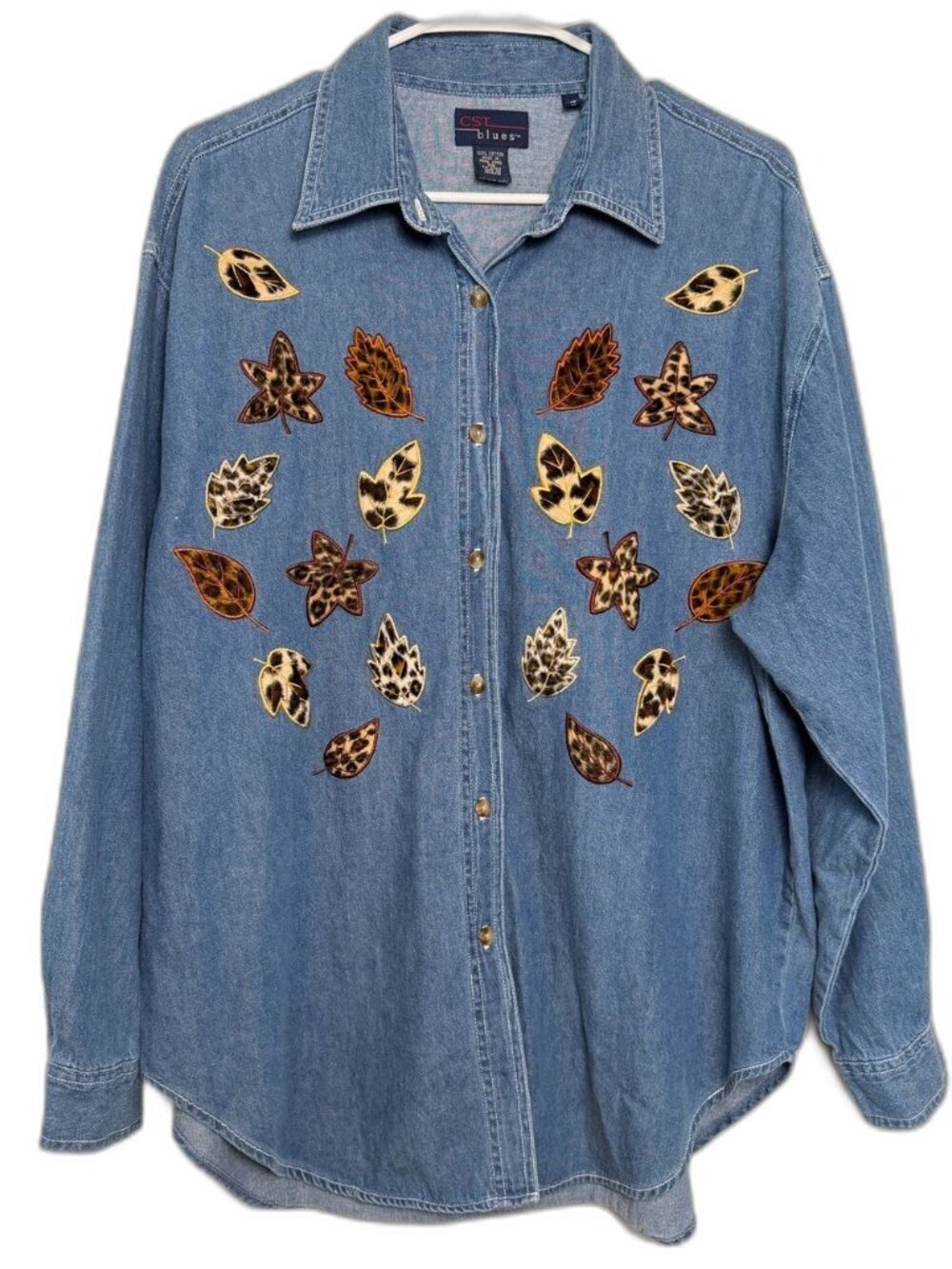 CST Blues 100% Cotton Denim Button-Up Shirt XXL Blue with Leopard Leaf Teacher
